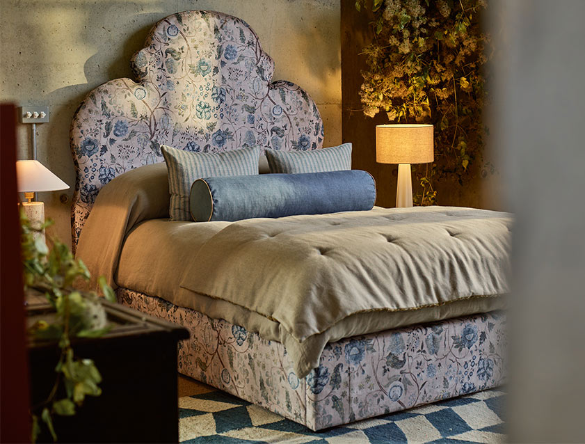 Hampstead King Bed in V&A Threads of India Opulent Velvets Tree of Life Powder Blue